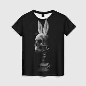 Женская футболка 3D с принтом Зая в Курске, 100% полиэфир ( синтетическое хлопкоподобное полотно) | прямой крой, круглый вырез горловины, длина до линии бедер | бабочки | животные | зая | заяц | кости | кролик | череп | черно белый | черное и белое
