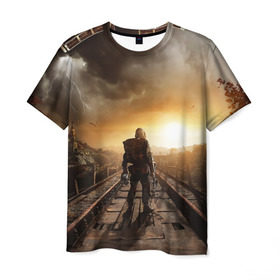Мужская футболка 3D с принтом Metro 2033 постапокалипсис в Курске, 100% полиэфир | прямой крой, круглый вырез горловины, длина до линии бедер | 2033 | будущее | закат | метро | метро2033 | постапокалипсис | противогаз | радиация | сталкер