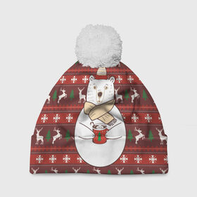 Шапка 3D c помпоном с принтом Новогодний мишка с кофе в Курске, 100% полиэстер | универсальный размер, печать по всей поверхности изделия | 2019 | белый | белыймедведь | вязанный | зефирки | зимний | кофе | медведь | мишка | новыйгод | олени | свитерсоленями | шарф