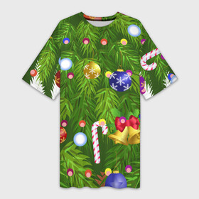 Платье-футболка 3D с принтом Ёлка новогодняя в Курске,  |  | гирлянда | ель | иголки | игрушки шарики | костюм | мишура | пихта | праздник | рождество | снеговик | хвоя