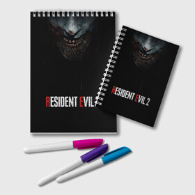 Блокнот с принтом Resident Evil 2 в Курске, 100% бумага | 48 листов, плотность листов — 60 г/м2, плотность картонной обложки — 250 г/м2. Листы скреплены удобной пружинной спиралью. Цвет линий — светло-серый
 | Тематика изображения на принте: 2 | 2019 | dark | evil | game | horror | resident | zombie | зомби | зубы | игра | кровь | лого | обитель зла | ужас