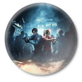 Значок с принтом Resident Evil 2 в Курске,  металл | круглая форма, металлическая застежка в виде булавки | 2 | 2019 | resident evil | герои | игра | клер | клэр | леон | обитель зла | пистолеты | постер | ремейк