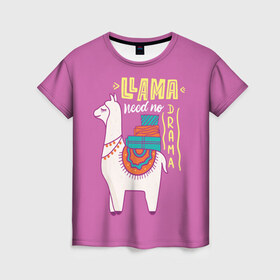 Женская футболка 3D с принтом Lama в Курске, 100% полиэфир ( синтетическое хлопкоподобное полотно) | прямой крой, круглый вырез горловины, длина до линии бедер | glama | lama | анд | горы | дикое | домашнее | животное | индейци | лама | мех | шерсть