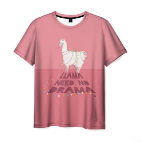 Мужская футболка 3D с принтом LLama need no Drama в Курске, 100% полиэфир | прямой крой, круглый вырез горловины, длина до линии бедер | glama | lama | анд | горы | дикое | домашнее | животное | индейци | лама | мех | шерсть