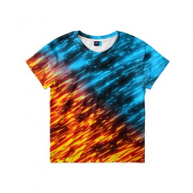 Детская футболка 3D с принтом БИТВА СТИХИЙ в Курске, 100% гипоаллергенный полиэфир | прямой крой, круглый вырез горловины, длина до линии бедер, чуть спущенное плечо, ткань немного тянется | blue | bright | fire | heat | ice | light | orange | wildfire | битва огней | битва стихий | искры | огненный | огонь | оранжевый | пламя | пожар
