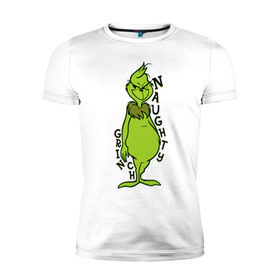 Мужская футболка премиум с принтом Naughty Grinch в Курске, 92% хлопок, 8% лайкра | приталенный силуэт, круглый вырез ворота, длина до линии бедра, короткий рукав | Тематика изображения на принте: grinch | гринч | новый год | рождество