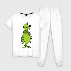 Женская пижама хлопок с принтом Naughty Grinch в Курске, 100% хлопок | брюки и футболка прямого кроя, без карманов, на брюках мягкая резинка на поясе и по низу штанин | grinch | гринч | новый год | рождество