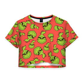 Женская футболка 3D укороченная с принтом Grinch в Курске, 100% полиэстер | круглая горловина, длина футболки до линии талии, рукава с отворотами | grinch | гринч | новый год | рождество