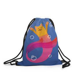 Рюкзак-мешок 3D с принтом Кот русалка в Курске, 100% полиэстер | плотность ткани — 200 г/м2, размер — 35 х 45 см; лямки — толстые шнурки, застежка на шнуровке, без карманов и подкладки | вода | кот | котик | море | розовый | русалка | рыжий | синий