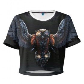 Женская футболка 3D укороченная с принтом Steampunk owl в Курске, 100% полиэстер | круглая горловина, длина футболки до линии талии, рукава с отворотами | light | owl | steampunk | wings | крылья | перья | свет | сова | стимпанк