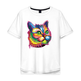 Мужская футболка хлопок Oversize с принтом Радужный кот в Курске, 100% хлопок | свободный крой, круглый ворот, “спинка” длиннее передней части | Тематика изображения на принте: cat | cats | colourfully | rainbow | веселый кот | кот | котик | коша | радуга | радужная кошка | разноцветная