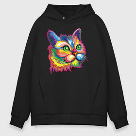 Мужское худи Oversize хлопок с принтом Радужный кот в Курске, френч-терри — 70% хлопок, 30% полиэстер. Мягкий теплый начес внутри —100% хлопок | боковые карманы, эластичные манжеты и нижняя кромка, капюшон на магнитной кнопке | Тематика изображения на принте: cat | cats | colourfully | rainbow | веселый кот | кот | котик | коша | радуга | радужная кошка | разноцветная