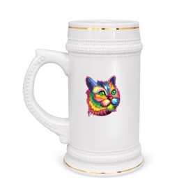 Кружка пивная с принтом Радужный кот в Курске,  керамика (Материал выдерживает высокую температуру, стоит избегать резкого перепада температур) |  объем 630 мл | cat | cats | colourfully | rainbow | веселый кот | кот | котик | коша | радуга | радужная кошка | разноцветная