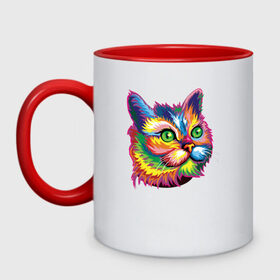 Кружка двухцветная с принтом Радужный кот в Курске, керамика | объем — 330 мл, диаметр — 80 мм. Цветная ручка и кайма сверху, в некоторых цветах — вся внутренняя часть | cat | cats | colourfully | rainbow | веселый кот | кот | котик | коша | радуга | радужная кошка | разноцветная