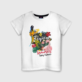 Детская футболка хлопок с принтом Тропики в Курске, 100% хлопок | круглый вырез горловины, полуприлегающий силуэт, длина до линии бедер | попугай | растения | тропики | фламинго