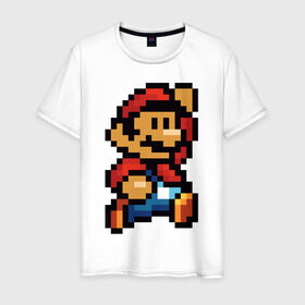 Мужская футболка хлопок с принтом Супер Марио в Курске, 100% хлопок | прямой крой, круглый вырез горловины, длина до линии бедер, слегка спущенное плечо. | 8 бит | 8bit | 8бит | bit | dendy | game | mario | pixel | super mario | денди | марио | пиксель | супер марио