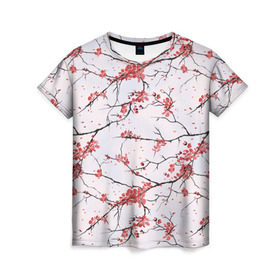 Женская футболка 3D с принтом Сакура в Курске, 100% полиэфир ( синтетическое хлопкоподобное полотно) | прямой крой, круглый вырез горловины, длина до линии бедер | весна | ветвь | ветка | вишня | куст | кусты | лепестки | сакуры | цветёт | цветы | черешня