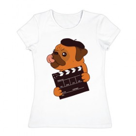 Женская футболка хлопок с принтом Режиссёр Мопс в Курске, 100% хлопок | прямой крой, круглый вырез горловины, длина до линии бедер, слегка спущенное плечо | дубль | кино | мопс | режиссер | собака | собаки | фильмы