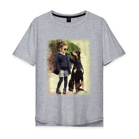 Мужская футболка хлопок Oversize с принтом Девочка и доберман в Курске, 100% хлопок | свободный крой, круглый ворот, “спинка” длиннее передней части | девочка | доберман | дружба | животные | собака