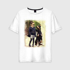 Женская футболка хлопок Oversize с принтом Девочка и доберман в Курске, 100% хлопок | свободный крой, круглый ворот, спущенный рукав, длина до линии бедер
 | девочка | доберман | дружба | животные | собака
