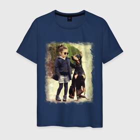 Мужская футболка хлопок с принтом Девочка и доберман в Курске, 100% хлопок | прямой крой, круглый вырез горловины, длина до линии бедер, слегка спущенное плечо. | девочка | доберман | дружба | животные | собака