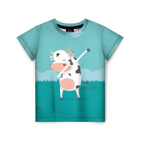 Детская футболка 3D с принтом DAB Корова в Курске, 100% гипоаллергенный полиэфир | прямой крой, круглый вырез горловины, длина до линии бедер, чуть спущенное плечо, ткань немного тянется | Тематика изображения на принте: dab | dabbing | даб | даббинг | корова | танец