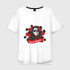 Мужская футболка хлопок Oversize с принтом dia de muertos в Курске, 100% хлопок | свободный крой, круглый ворот, “спинка” длиннее передней части | голова | девушка | кость | розы | скальп | скальпель | ужасы | хоррор | цветы | череп | черепок