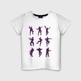 Детская футболка хлопок с принтом Fortnite dance в Курске, 100% хлопок | круглый вырез горловины, полуприлегающий силуэт, длина до линии бедер | Тематика изображения на принте: battle | dancer | royale | игрок | контур | силуэты | танец | танцор