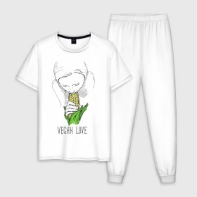 Мужская пижама хлопок с принтом Vegan Love в Курске, 100% хлопок | брюки и футболка прямого кроя, без карманов, на брюках мягкая резинка на поясе и по низу штанин
 | веганство | вегетарианство | здоровье | зелень | кукуруза | любовь | овощ | овощи | растение