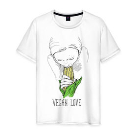 Мужская футболка хлопок с принтом Vegan Love в Курске, 100% хлопок | прямой крой, круглый вырез горловины, длина до линии бедер, слегка спущенное плечо. | Тематика изображения на принте: веганство | вегетарианство | здоровье | зелень | кукуруза | любовь | овощ | овощи | растение
