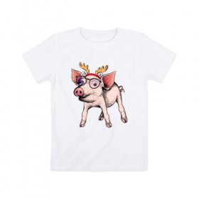 Детская футболка хлопок с принтом Свинья Олень в Курске, 100% хлопок | круглый вырез горловины, полуприлегающий силуэт, длина до линии бедер | зима | новый год | олени | свинка | свинья