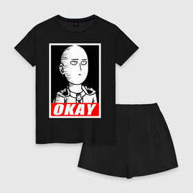 Женская пижама с шортиками хлопок с принтом Okay в Курске, 100% хлопок | футболка прямого кроя, шорты свободные с широкой мягкой резинкой | anime | okay | one punch man | аниме