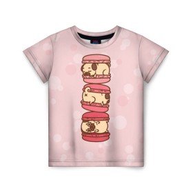 Детская футболка 3D с принтом Мопс Макарун в Курске, 100% гипоаллергенный полиэфир | прямой крой, круглый вырез горловины, длина до линии бедер, чуть спущенное плечо, ткань немного тянется | Тематика изображения на принте: pug | десерт | мопс | пирожное | сладость