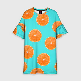 Детское платье 3D с принтом Апельсины в Курске, 100% полиэстер | прямой силуэт, чуть расширенный к низу. Круглая горловина, на рукавах — воланы | Тематика изображения на принте: апельсин | апельсины | грейпфрукт | грейпфрут | разрез | сочный | фрукт