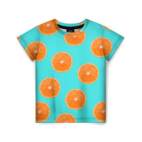 Детская футболка 3D с принтом Апельсины в Курске, 100% гипоаллергенный полиэфир | прямой крой, круглый вырез горловины, длина до линии бедер, чуть спущенное плечо, ткань немного тянется | Тематика изображения на принте: апельсин | апельсины | грейпфрукт | грейпфрут | разрез | сочный | фрукт