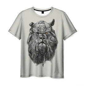 Мужская футболка 3D с принтом Лев Викинг в Курске, 100% полиэфир | прямой крой, круглый вырез горловины, длина до линии бедер | воин | война | зверь | тату | царь | череп | шлем