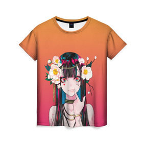 Женская футболка 3D с принтом Девушка - сакура в Курске, 100% полиэфир ( синтетическое хлопкоподобное полотно) | прямой крой, круглый вырез горловины, длина до линии бедер | anime | аниме | анимешница | девушка | иллюстрация | милая | мультик | сакура | тян | тянка | цветы