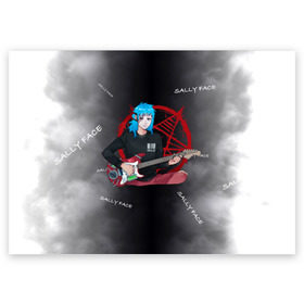 Поздравительная открытка с принтом Sally Face with a Guitar в Курске, 100% бумага | плотность бумаги 280 г/м2, матовая, на обратной стороне линовка и место для марки
 | fisher | larry johnson | mask | sally  face | sally fisher | sallyface | демоны | духи | маска | пентаграмма | призраки | рок | салли | салли фейс | салли фишер | фейс | шепот
