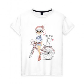 Женская футболка хлопок с принтом Девушка с котиком в Курске, 100% хлопок | прямой крой, круглый вырез горловины, длина до линии бедер, слегка спущенное плечо | велосипед | девочка | девушкам | кошки | красивая 