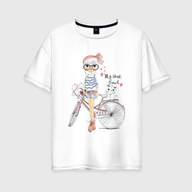 Женская футболка хлопок Oversize с принтом Девушка с котиком в Курске, 100% хлопок | свободный крой, круглый ворот, спущенный рукав, длина до линии бедер
 | велосипед | девочка | девушкам | кошки | красивая 