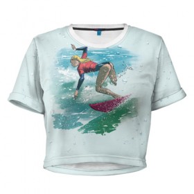 Женская футболка 3D укороченная с принтом Surfer Girl Anime Style в Курске, 100% полиэстер | круглая горловина, длина футболки до линии талии, рукава с отворотами | 
