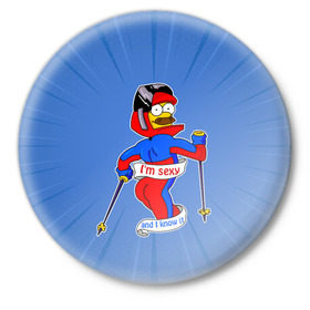Значок с принтом Нед Фландерс Симпсоны в Курске,  металл | круглая форма, металлическая застежка в виде булавки | simpsons | зима | лыжник | недфландерс | симпсоны | спорт | фландерс