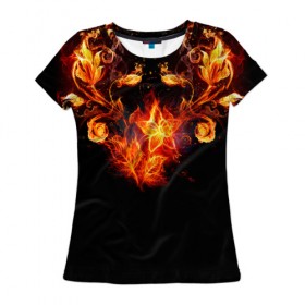 Женская футболка 3D с принтом Огненные цветы в темноте в Курске, 100% полиэфир ( синтетическое хлопкоподобное полотно) | прямой крой, круглый вырез горловины, длина до линии бедер | abstraction | fire | flower | sparks | абстракция | броня | в огне | геометрия | золотой | искры | модная | ночь | огонь | пламя | прикольная | стильная | тату | темнота | цветок | цветы | черная