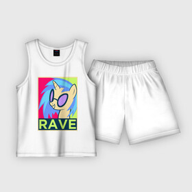 Детская пижама с шортами хлопок с принтом DJ Pon 3 RAVE в Курске,  |  | Тематика изображения на принте: dj pon 3 | mlp | my little pony | pony | rave | vinyl scratch | винил скрэтч | млп | мой маленький пони | пони | рейв