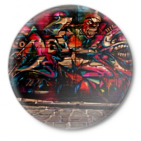 Значок с принтом disquared urban graffity в Курске,  металл | круглая форма, металлическая застежка в виде булавки | Тематика изображения на принте: grafity | paint | street art | urban | город | граффити | искусство | кирпичи | краски | рисунки | стена | улицы | уличное искусство