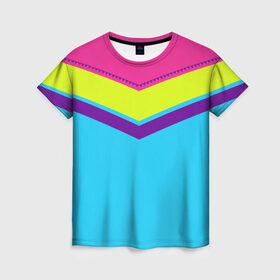 Женская футболка 3D с принтом Цветные треугольники_голубой в Курске, 100% полиэфир ( синтетическое хлопкоподобное полотно) | прямой крой, круглый вырез горловины, длина до линии бедер | кислотные костюмы | кислотные цвета | неон | флуоресцентные принты