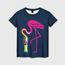 Женская футболка 3D с принтом Кислотный фламинго в Курске, 100% полиэфир ( синтетическое хлопкоподобное полотно) | прямой крой, круглый вырез горловины, длина до линии бедер | Тематика изображения на принте: кислотные костюмы | кислотные цвета | неон | флуоресцентные принты