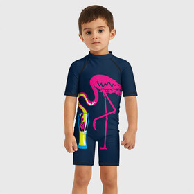 Детский купальный костюм 3D с принтом Кислотный фламинго в Курске, Полиэстер 85%, Спандекс 15% | застежка на молнии на спине | кислотные костюмы | кислотные цвета | неон | флуоресцентные принты