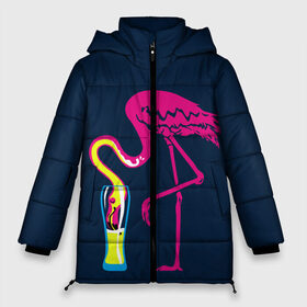 Женская зимняя куртка 3D с принтом Кислотный фламинго в Курске, верх — 100% полиэстер; подкладка — 100% полиэстер; утеплитель — 100% полиэстер | длина ниже бедра, силуэт Оверсайз. Есть воротник-стойка, отстегивающийся капюшон и ветрозащитная планка. 

Боковые карманы с листочкой на кнопках и внутренний карман на молнии | Тематика изображения на принте: кислотные костюмы | кислотные цвета | неон | флуоресцентные принты