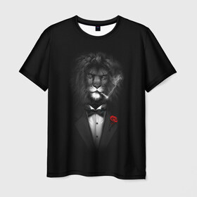 Мужская футболка 3D с принтом Лев в Курске, 100% полиэфир | прямой крой, круглый вырез горловины, длина до линии бедер | арт | бабочка | грива | дым | животное | костюм | лев | минимализм | роза | смокинг | хищник | царь зверей